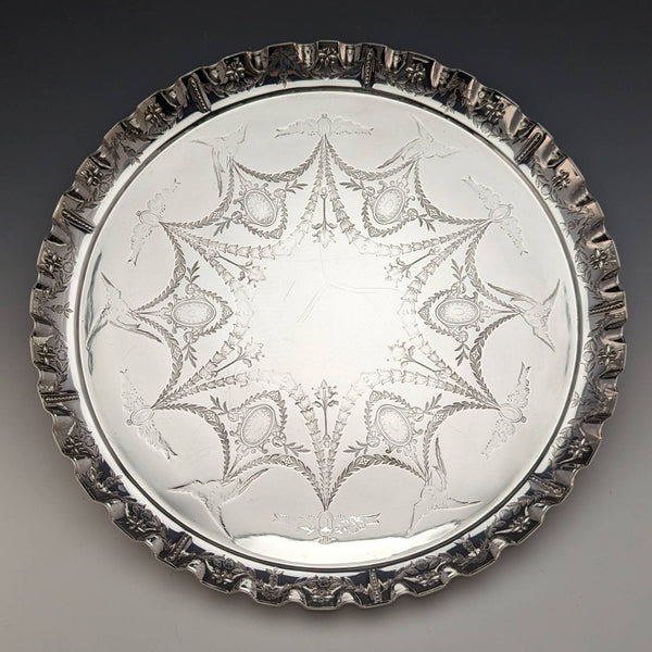 1891年 英国アンティーク シルバープレート製トレイ 直径30cm Walker and Hall